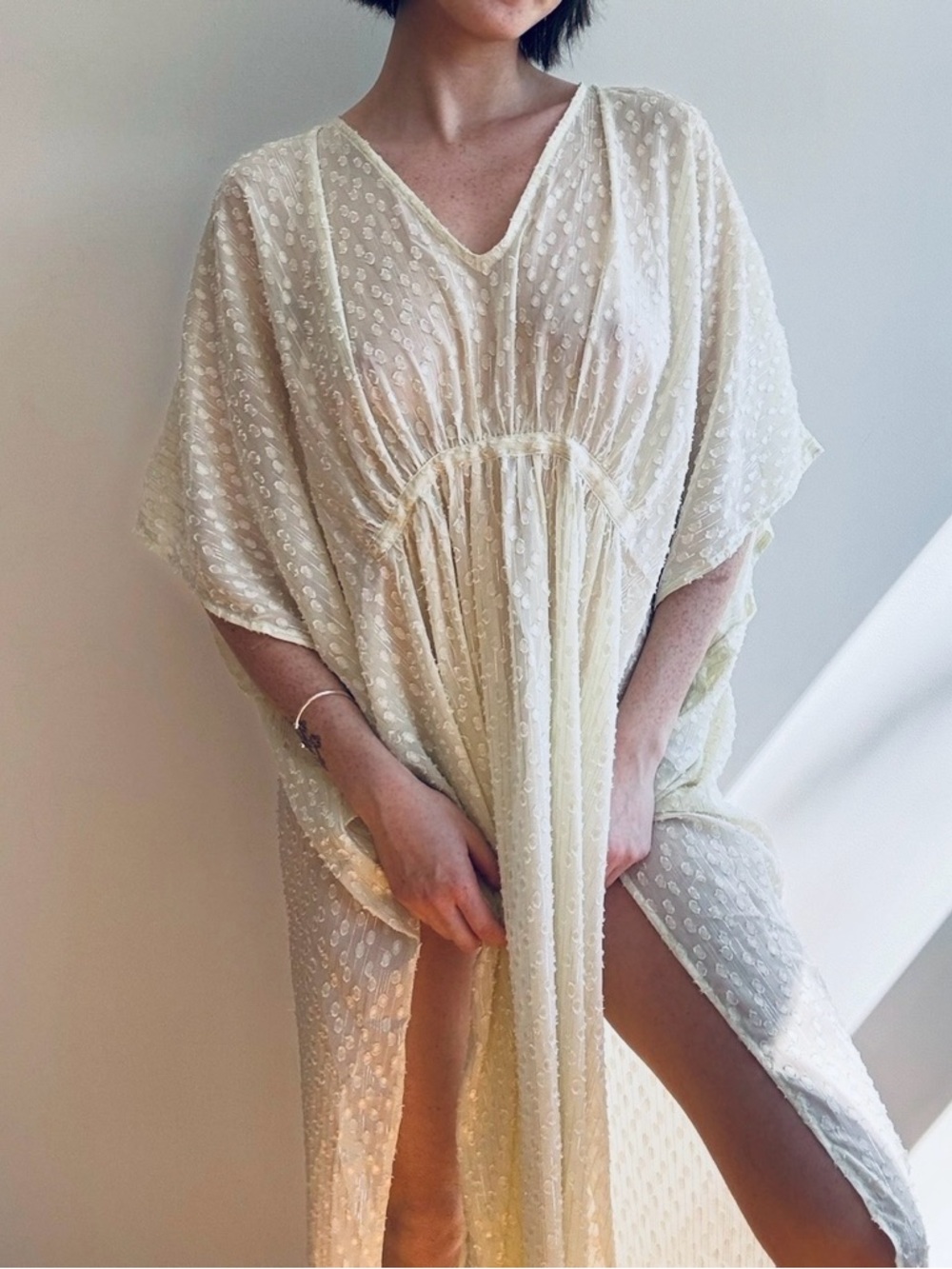 Free People Stevie Sheer Kaftan Maxi Dress Coverup in Dune Ivory One Size